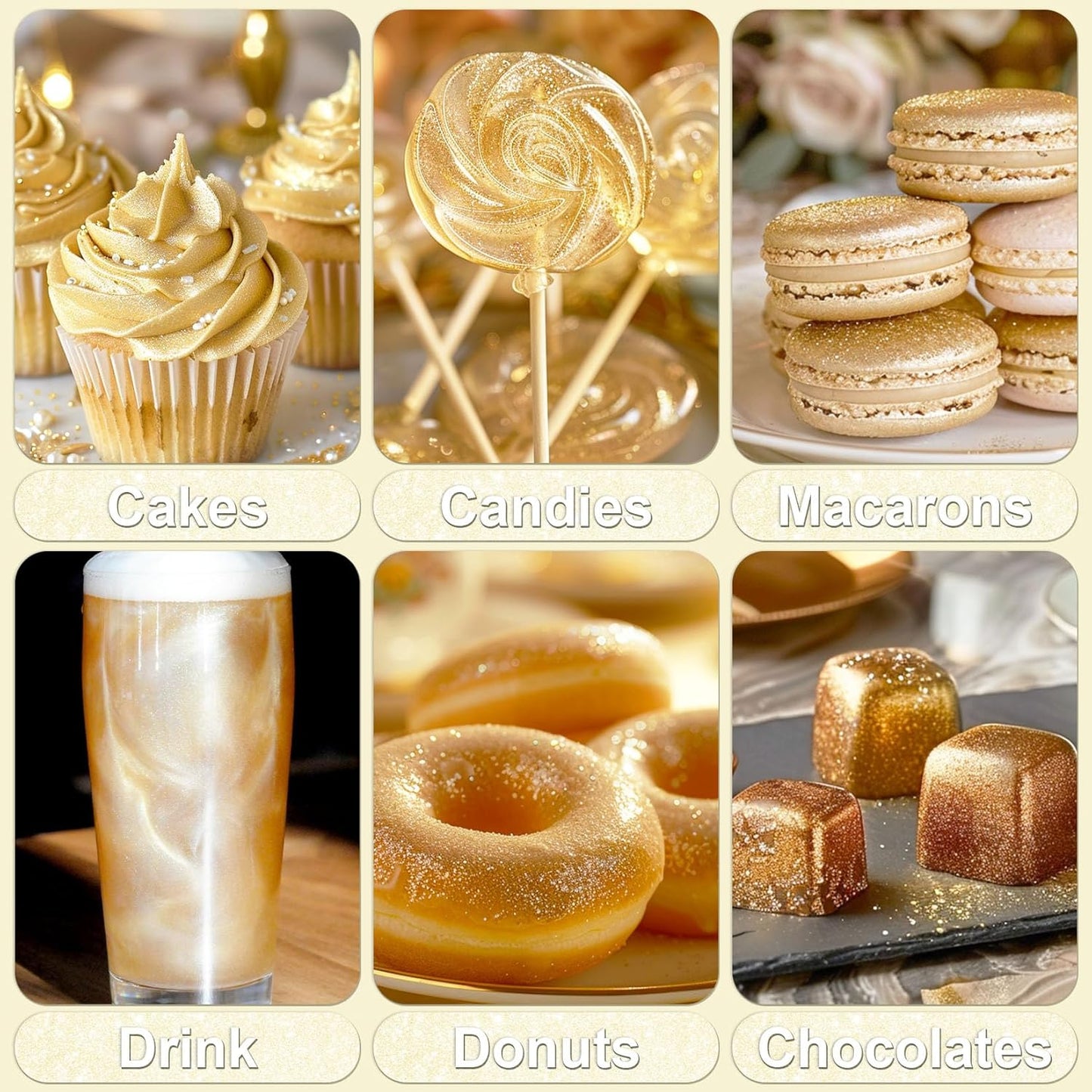 Iridescent Gold Edible Glitter - 5g Food Grade Cake Decorating Shimmering Glitter, Edible Sprinkle Luster Dust for Drinks, Chocolates, Fondant, Strawberries, Cupcakes, Candy, Cookie - Vegan