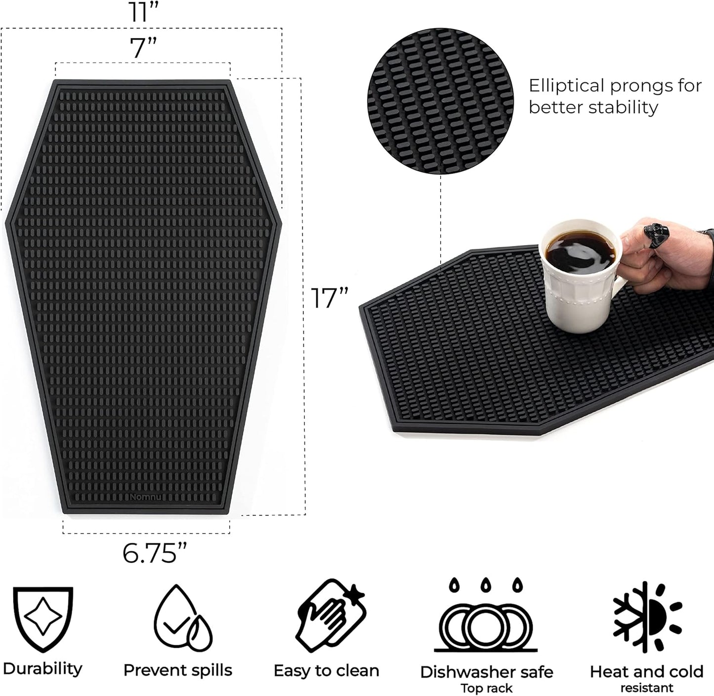 Nomnu Coffin Coffee Bar Mat For Countertop - Goth Kitchen Halloween Decor - Gothic Coffee Bar Accessories 17x11" Inch Non Slip Spill Bar Mat - Spooky Gifts