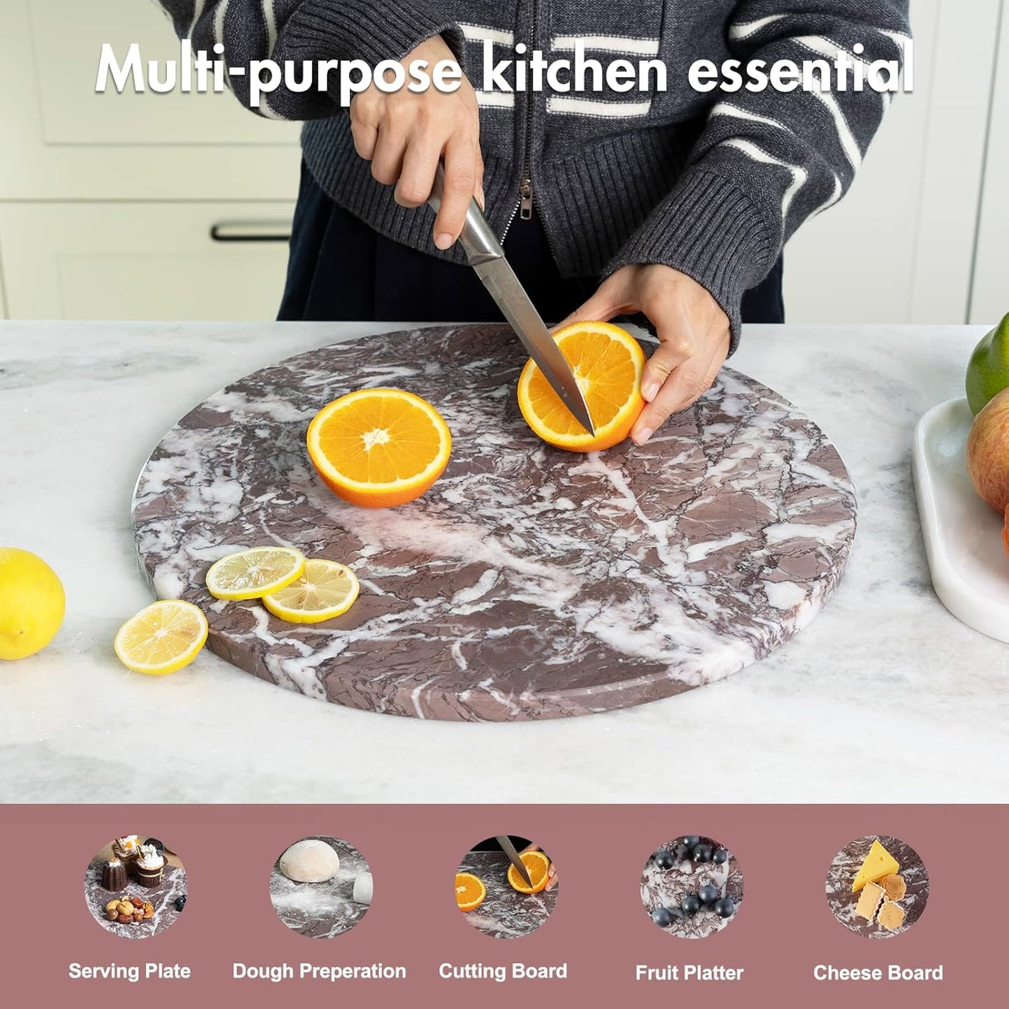 Koville African Lilac Marble Cutting Board Serving Tray for Kitchen Countertop, 16" Large Marble Cheese Board for Baking, Charcuterie, Pastry, Trivet, Heat Resistant Stone Cutting Boards for Kitchen