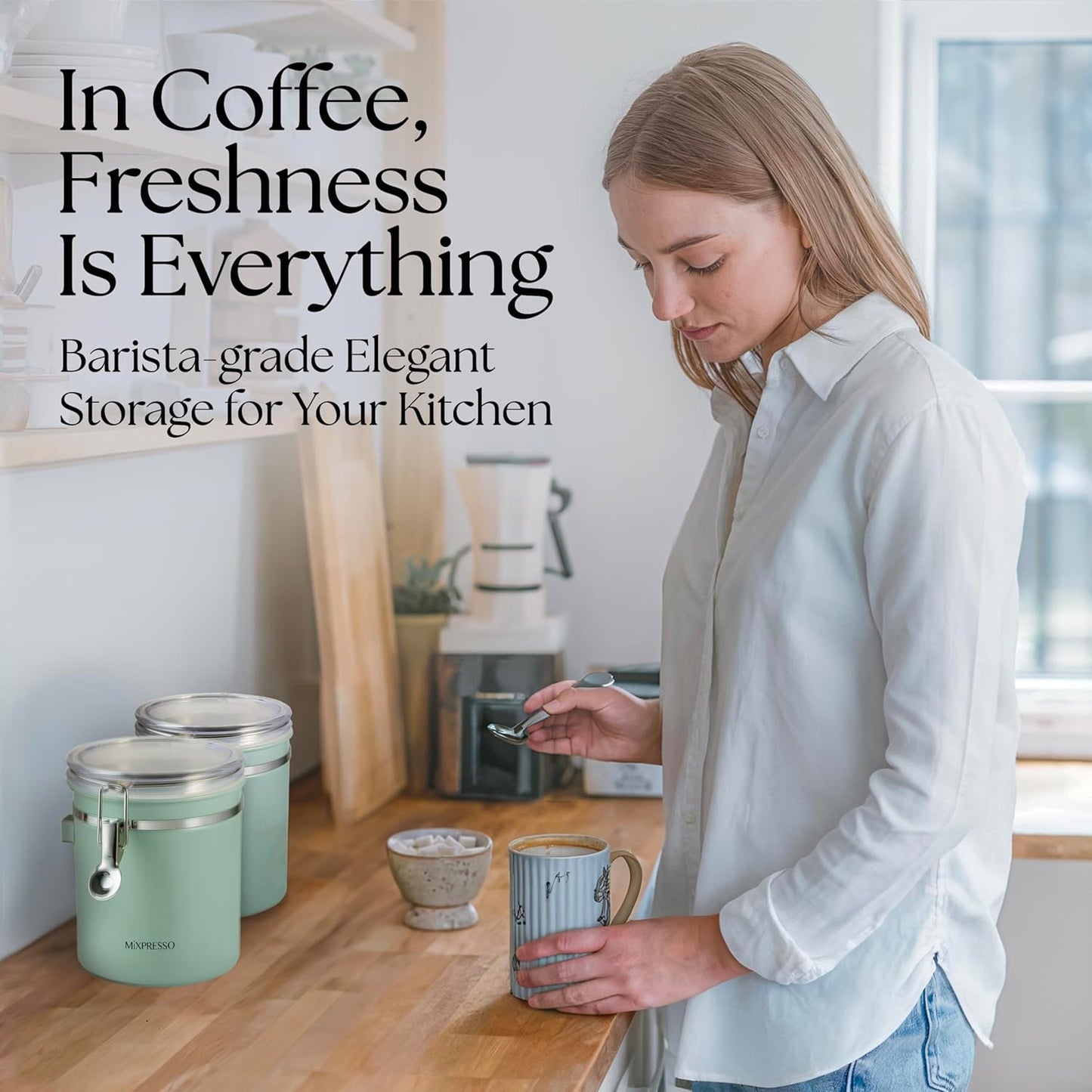 Mixpresso Green Coffee Canister, 16oz Airtight Stainless Steel Kitchen Food Storage Container with Clear Lid and Spoon. for Grounds Coffee, Beans, Tea, Flour, Cereal, Vacuum Sealed Sugar Container