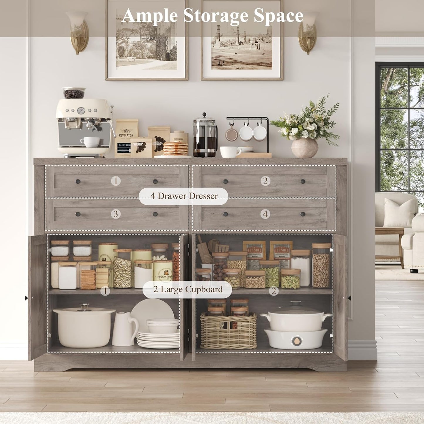 HOSTACK 55" Coffee Bar with 4 Large Drawers, 40" Tall Buffet Cabinet with Storage, Kitchen Storage Cabinet, Modern Farmhouse Sideboard Buffet, Adjustable Shelves for Living Room, Ash Grey