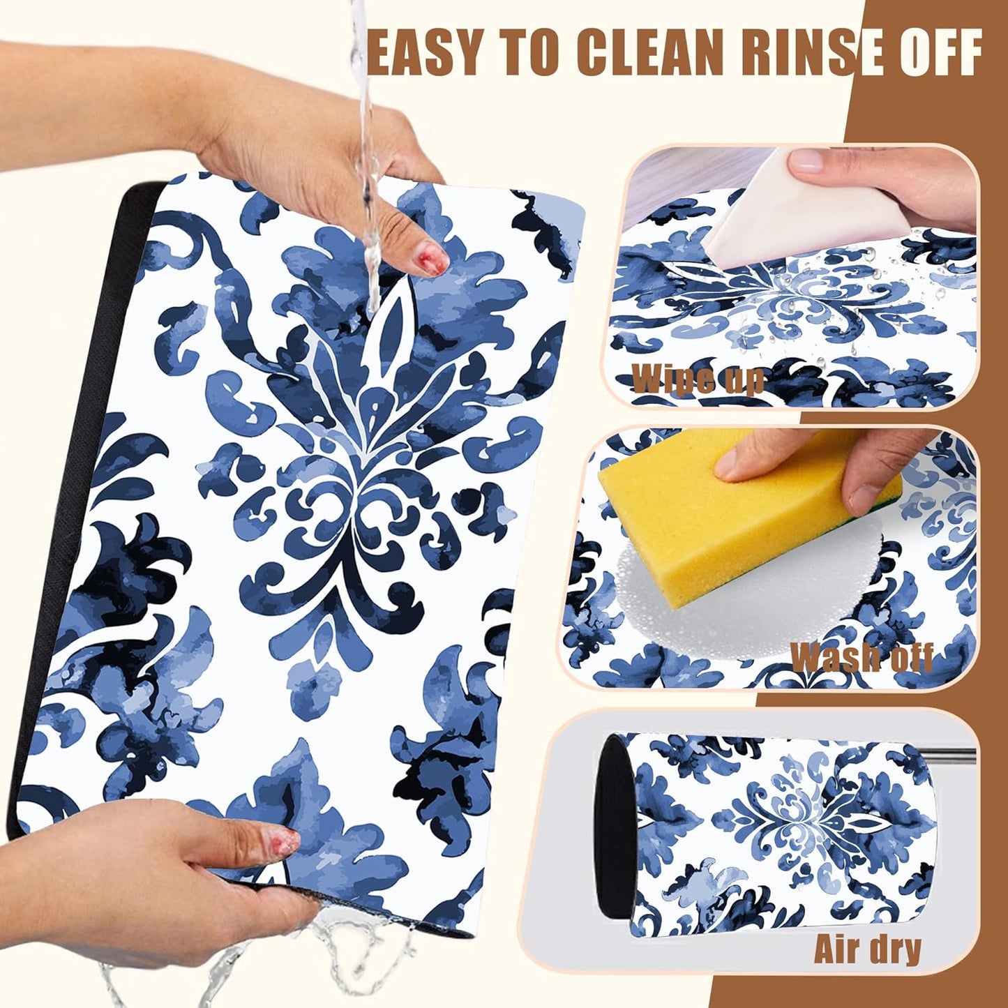 Blue Damask Flower Dish Drying Mat for Kitchen Counter Bar Mat Hide Stain Absorbent Rubber Backed Coffee Maker Espresso Machine Bar Accessories 11.8 x 19.7 Inch