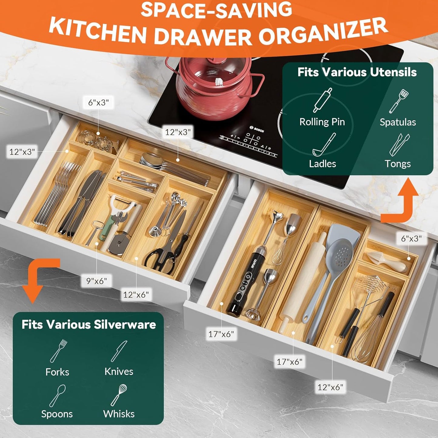Bamboo Drawer Organizer, Small Silverware Organizer for Kitchen Drawer, Stackable Utensil Tray, 2 Pcs Flatware Organizer, Bamboo 6" x 3" x 2" (Outer), 5.3" x 2.3" x 1.77" (Inner)