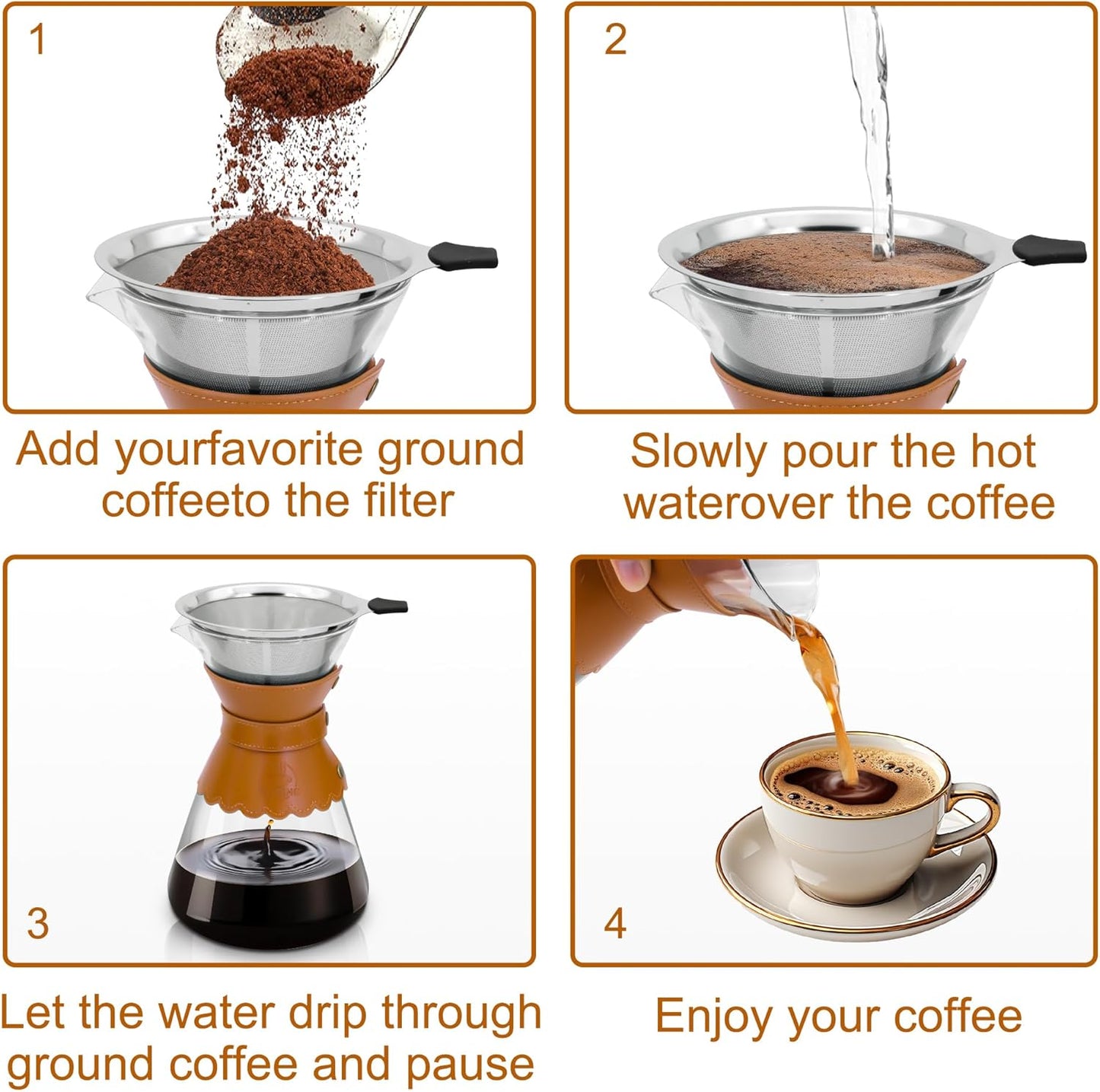 34oz Pour Over Coffee Maker with Double Layer Stainless Steel Filter, Borosilicate Glass Dripper, Detachable Heat-Resistant Leather Pad 7-8 Cups Coffee Maker Carafe（Light brown）
