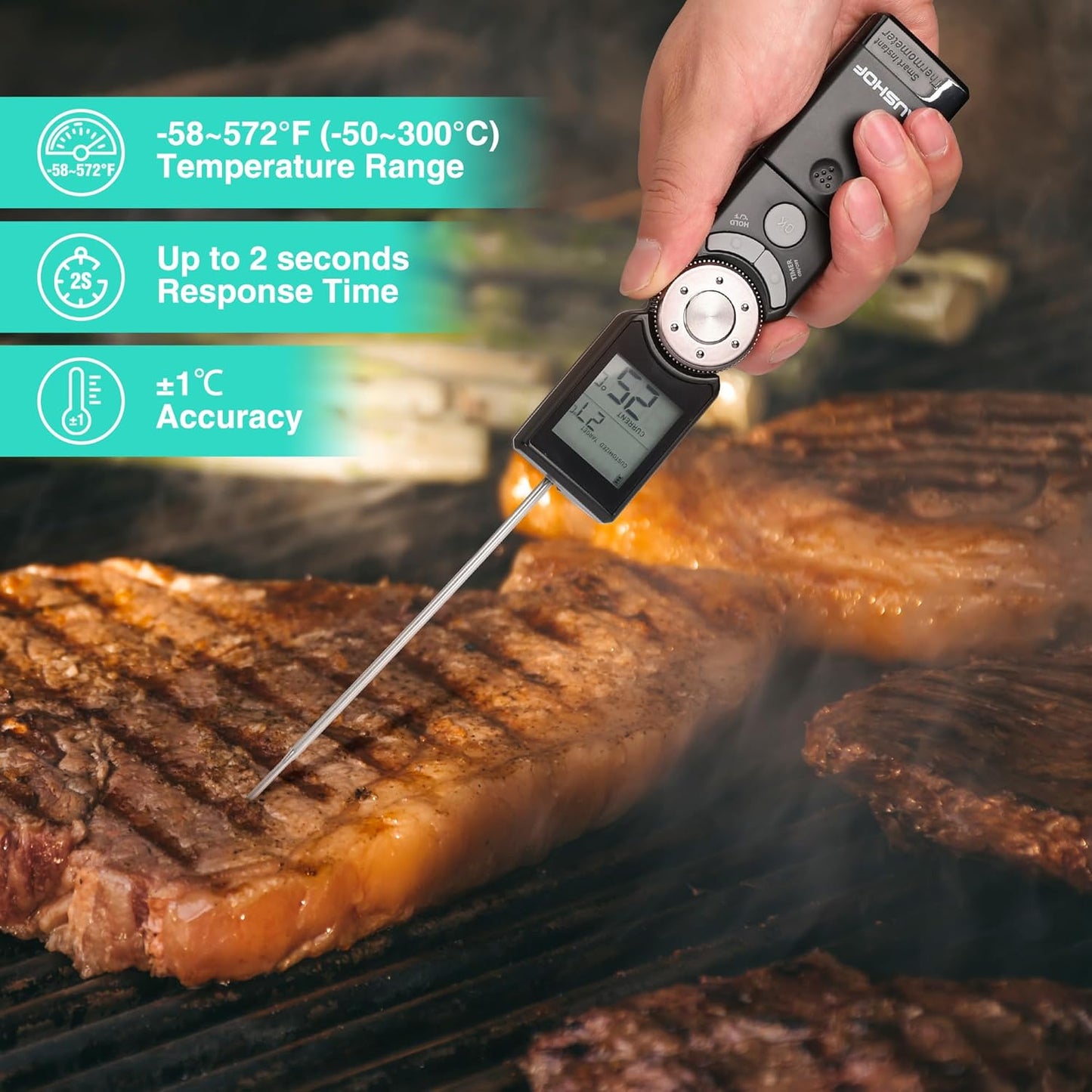 HAUSHOF Instant Read Meat Thermometer Digital, High Accuracy Cooking Thermometer, Scroll Interface Food Thermometer with Timer, Quick-Setting Kitchen Temperature Probe for Grill, Smoker, BBQ, Frying