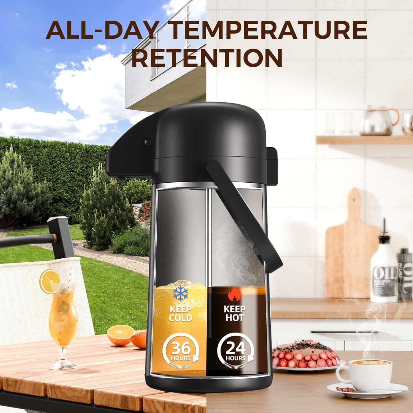 Coffee Carafe for Keeping Hot - 64OZ / 1.9L Airpot Coffee Dispenser with Pump - Large Coffee Thermos for Hot Drinks Tea Liquid - Insulated Stainless Steel Hot Water Beverage Dispenser Urn for Parties