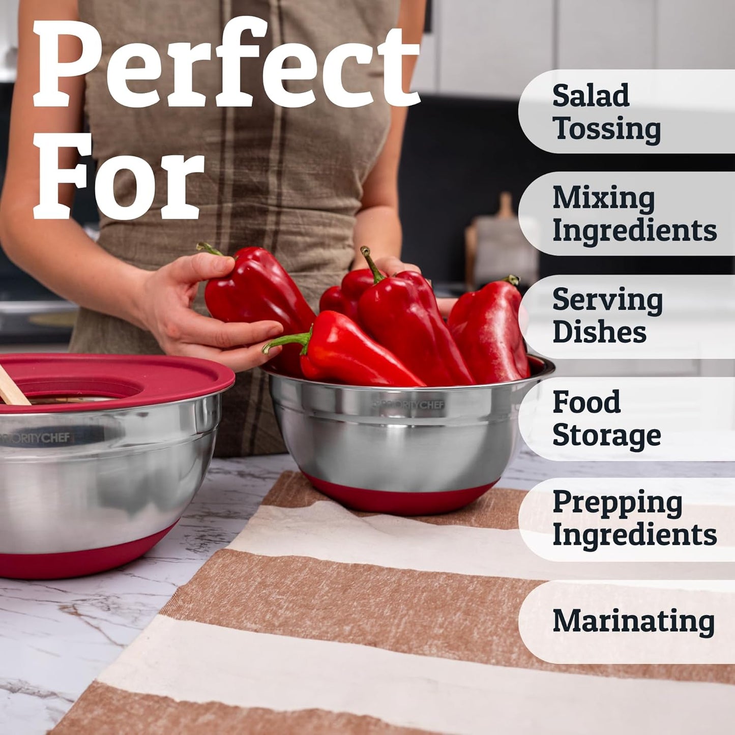 Priority Chef 6Pc Large Mixing Bowls With Lids Set with Non-Slip Bases, Stainless Steel Mixing Bowl Set, 6 Airtight Lids and 3 Graters, Red