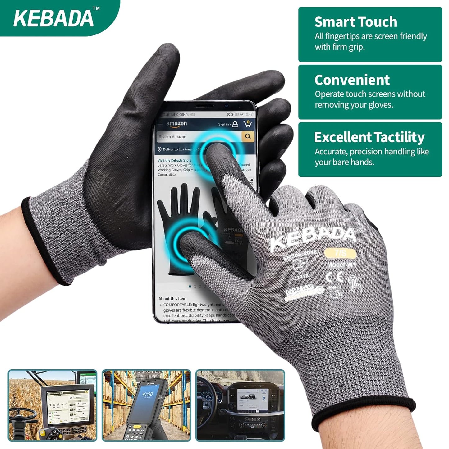 Kebada W1 Work Gloves for Men and Women, Touchscreen PU Coated Gloves with Grip, 50 Pairs Bulk Pack, Ideal for Warehouse Package Handling, Construction, Gardening, Gray X-Small