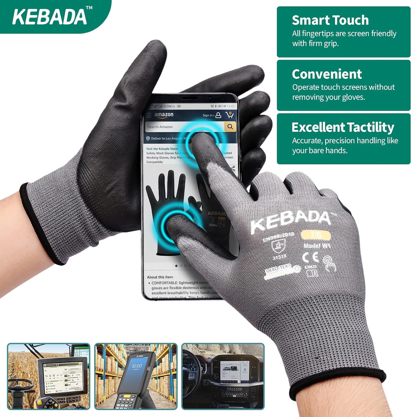 Kebada W1 Work Gloves for Men and Women, Touchscreen PU Coated Gloves with Grip, 50 Pairs Bulk Pack, Ideal for Warehouse Package Handling, Construction, Gardening, Gray X-Large