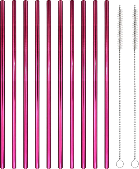 10 Pcs Stainless Steel Straws, Reusable Drinking Straws, Straight Metal Straw Sets with 2 Pcs Cleaning Brushes (8.5 Inch, Rose Red)