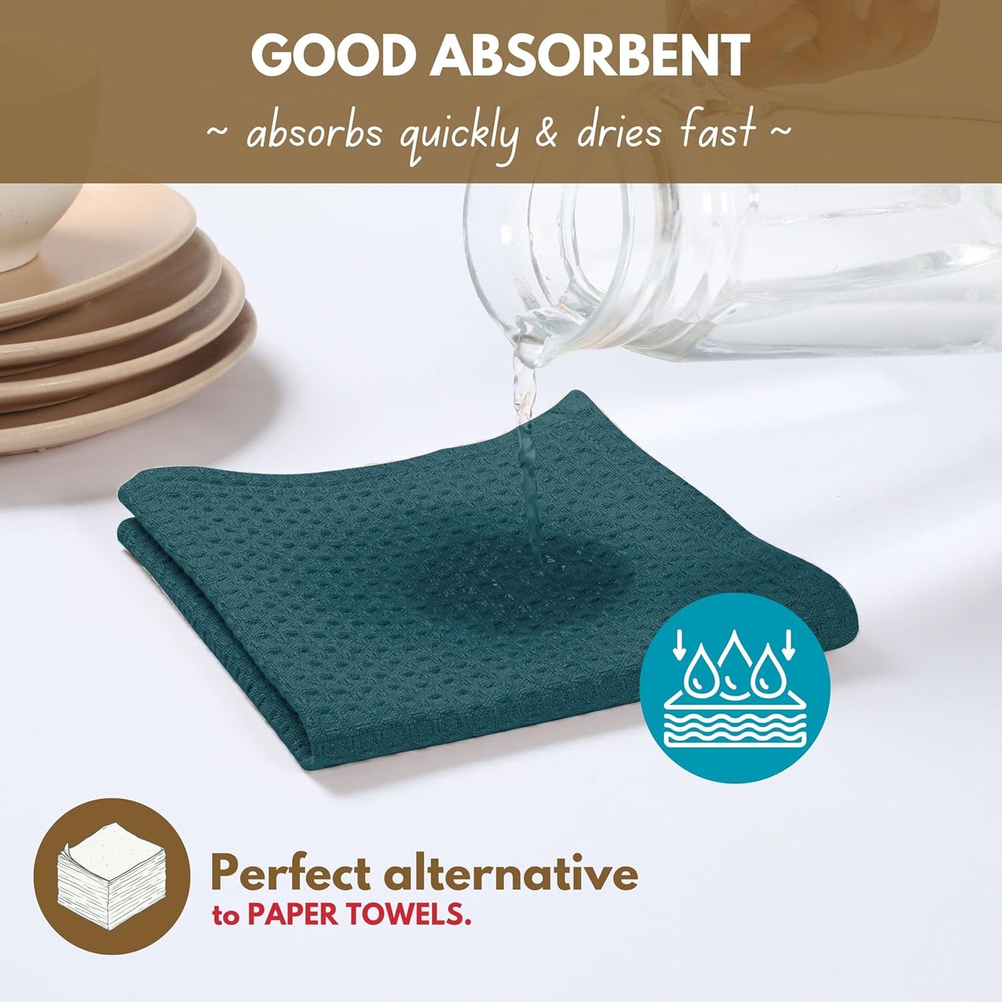 Native Fab Waffle 12 Pack Dish Cloths - 100% Cotton, Absorbent, Quick Drying, Washable Towels for Cleaning, Cooking - Ideal for Home, Restaurants, Bars & Multi Purpose Use - 12 x 12 inch - Teal Green