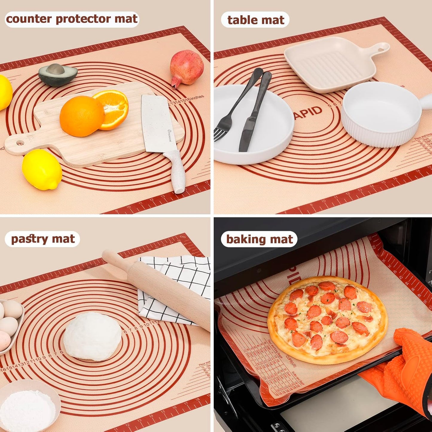 Sapid Extra Thick Silicone Pastry Mat Non-slip with Measurements for Non-stick Silicone Baking Mat Extra Large, Dough Rolling, Pie Crust, Kneading Mats, Countertop, Placement Mats (20" x 28", Red)