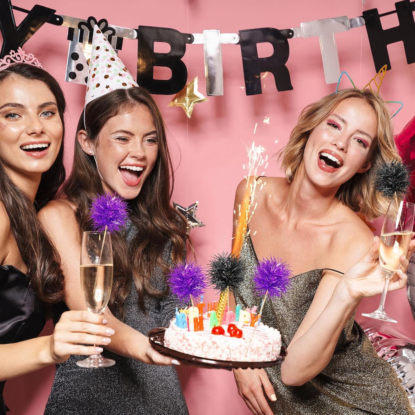 Chinco 100 Pcs Foil Firework Cupcake Toppers Sparkle Tinsel Cake Toppers Cake Decoration Cocktail Fruit Toothpick for Birthday Wedding Graduation Party(Purple, Black)