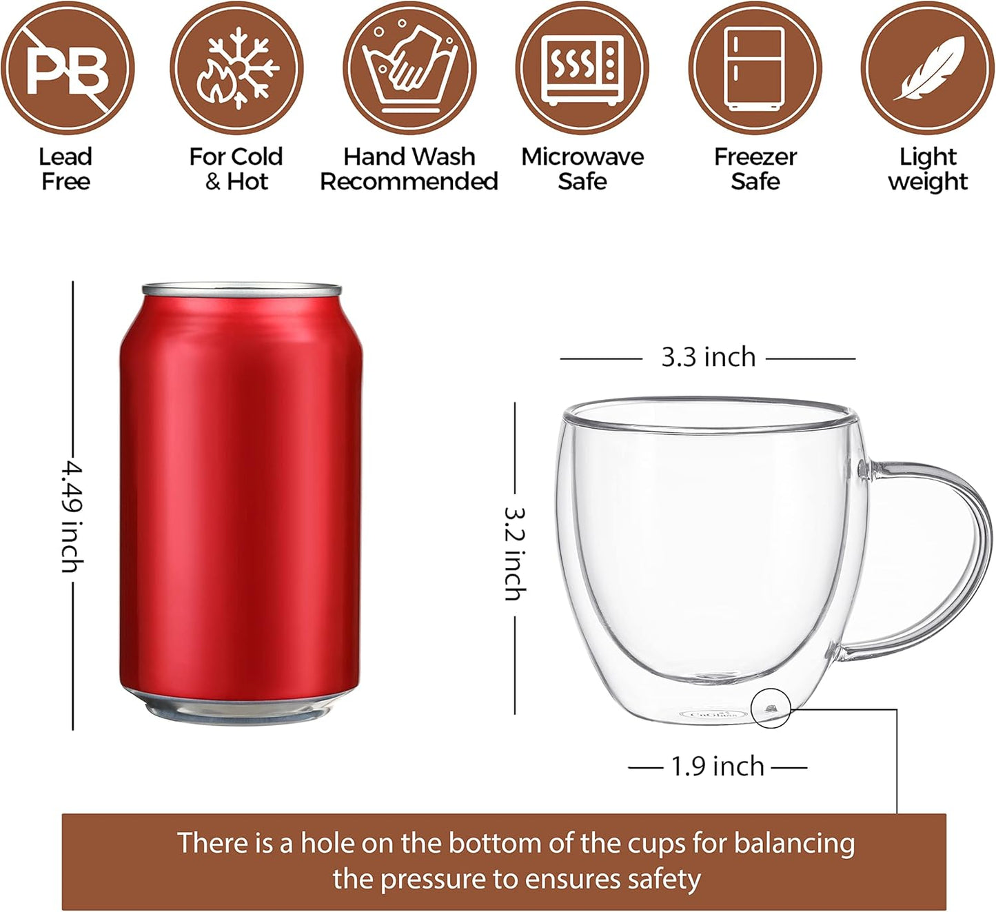 CNGLASS 8.5oz Glass Coffee Mug,Double Wall Insulated Glass Mugs with Handle,Clear Espresso Mugs for Latte,Cappuccino,Tea Bag,Set of 4