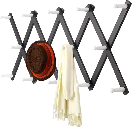 Dseap Accordian Wall Hanger: 16” High Wooden Wall Expandable Coat Rack, Hat Rack Holder, Accordion Hook for Baseball Caps, Coats, Mugs, 14 Peg Hooks, Black & White