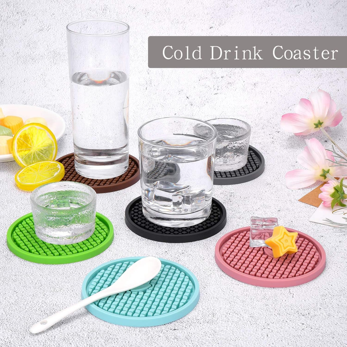 ME.FAN Silicone Coasters [6 Pack] Thickened Drink Coasters with Holder - Cup Mat - Non-Slip, Non-stick, Stay Put, Deep Tray - Prevents Furniture and Tabletop Damages(Green)