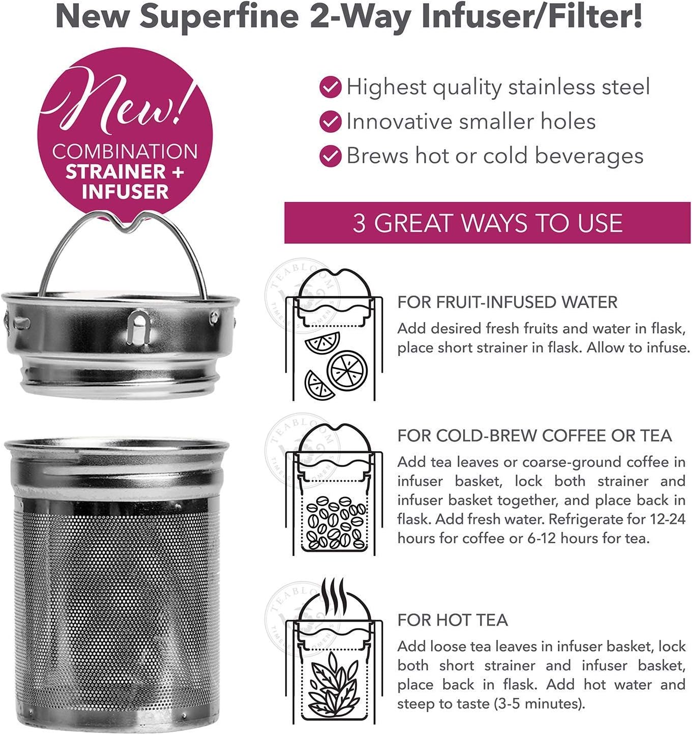 Teabloom - The ORIGINAL All-Brew Travel Tumbler & Thermos | OPRAH’s Favorite | 16oz/480ml Stainless Steel Insulated Water Bottle/Tea Flask/Cold Brew Coffee Mug