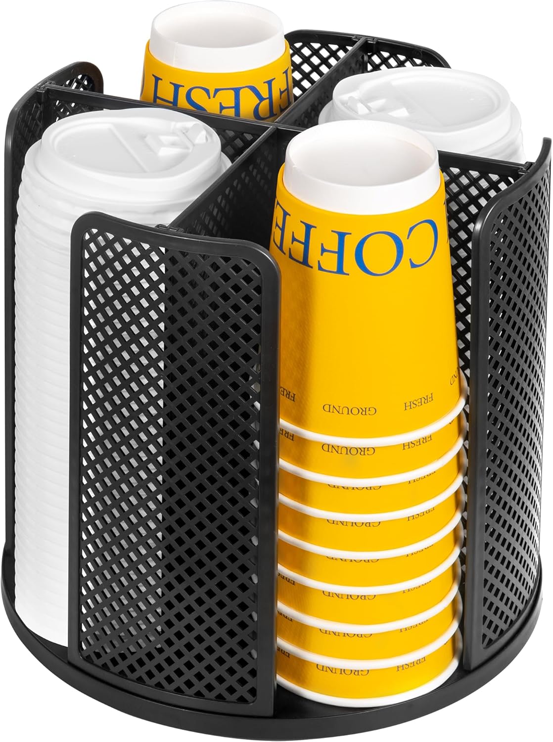 4-Compartment Rotating Paper Cup Holder & Coffee Cup Lid Storage Dispenser, Plastic Cup Dispenser Removable, Space-Saving Countertop Cup Holder for Coffee Bars, Kitchens (Black)