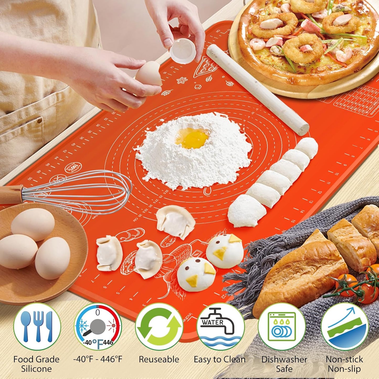 Silicone Baking Mat 32" x 24" Extra Thickness Dough Rolling Mat with Measurements and Edge Heightening, Non-stick Food Grade Silicone Pastry Mat for Pastry, Bread, Cookies, Pizza, Fondant, Pasta-Red