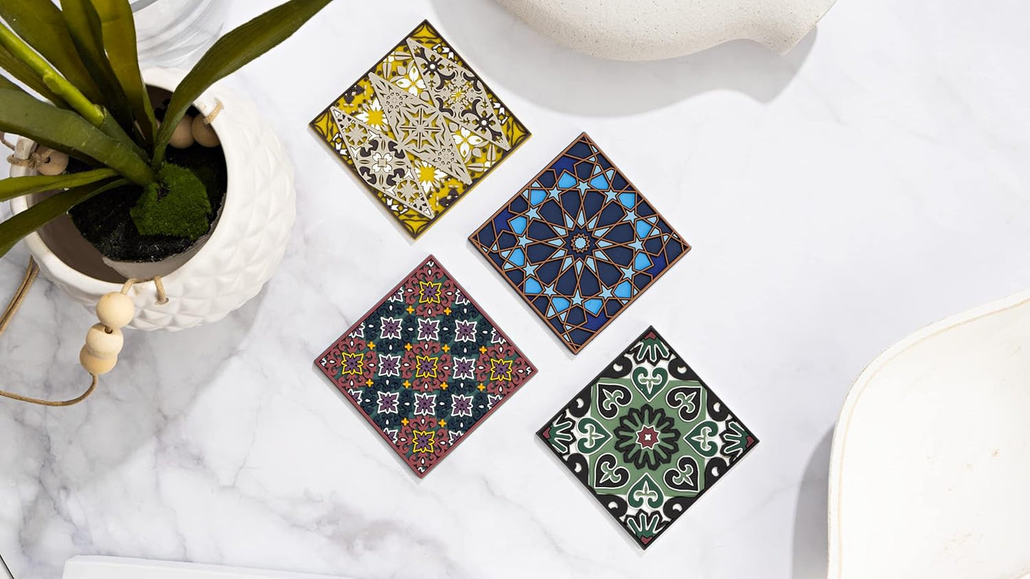 Silicone Coasters Set of 4, Protect Against Water Marks or Damage - Fit All Cups, 3.5" Inch Size, Colored Coasters (Combination 2)