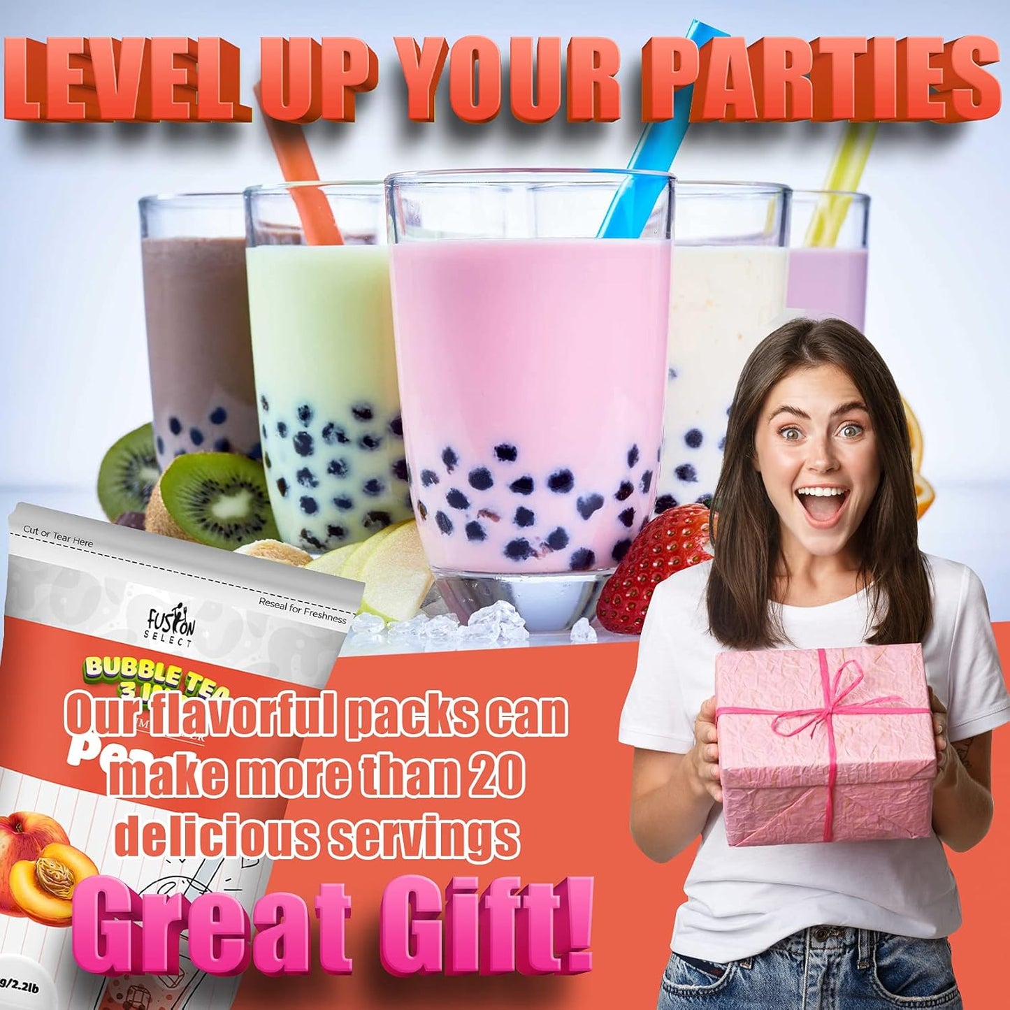 Fusion Select 2.2lb Boba Tea Powder Watermelon Bubble Tea Flavored-3-in-1 Drink Powder with Cream & Sugar - Instant Pre-Mixed Beverage for Hot or Cold Blends or Yummy Frappes