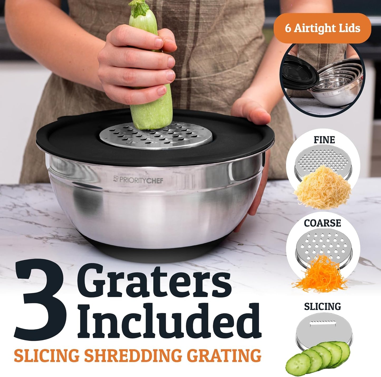 Priority Chef Stainless Steel Mixing Bowls with Lids Set - Premium 30Pcs with 6pc Metal Bowl Set for Kitchen, 3 Graters, Airtight Lids, Non-Slip Bases & Silicone Utensils, Black