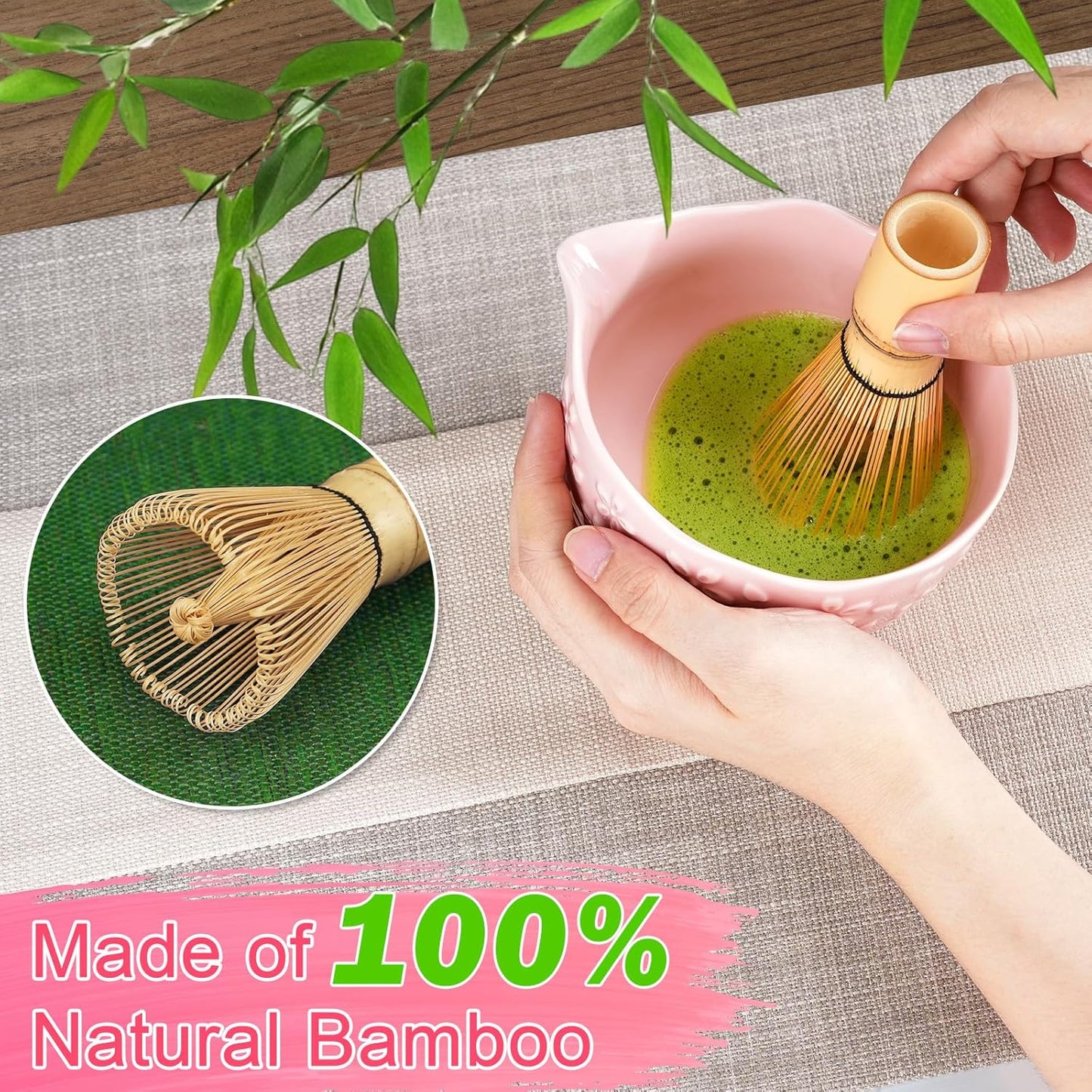 Matcha Whisk Set, Matcha Set 7 Pieces - Ceramic Matcha Bowl with Spout, Bamboo Chasen Whisk & Holder, Scoop, Sifter, Tea Towel - Complete Kit for Matcha Tea Ceremony, Latte, Ideal Gift（Pink）