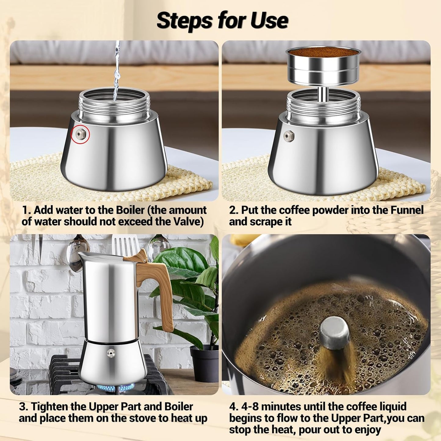 No Coating 4 Cup Moka Pot Thickened 304 Stainless Steel Stovetop Espresso Coffee Maker 200ml 6.8oz Mocha Percolator Greca Cuban Ideal for Making Rich Authentic Italian Café