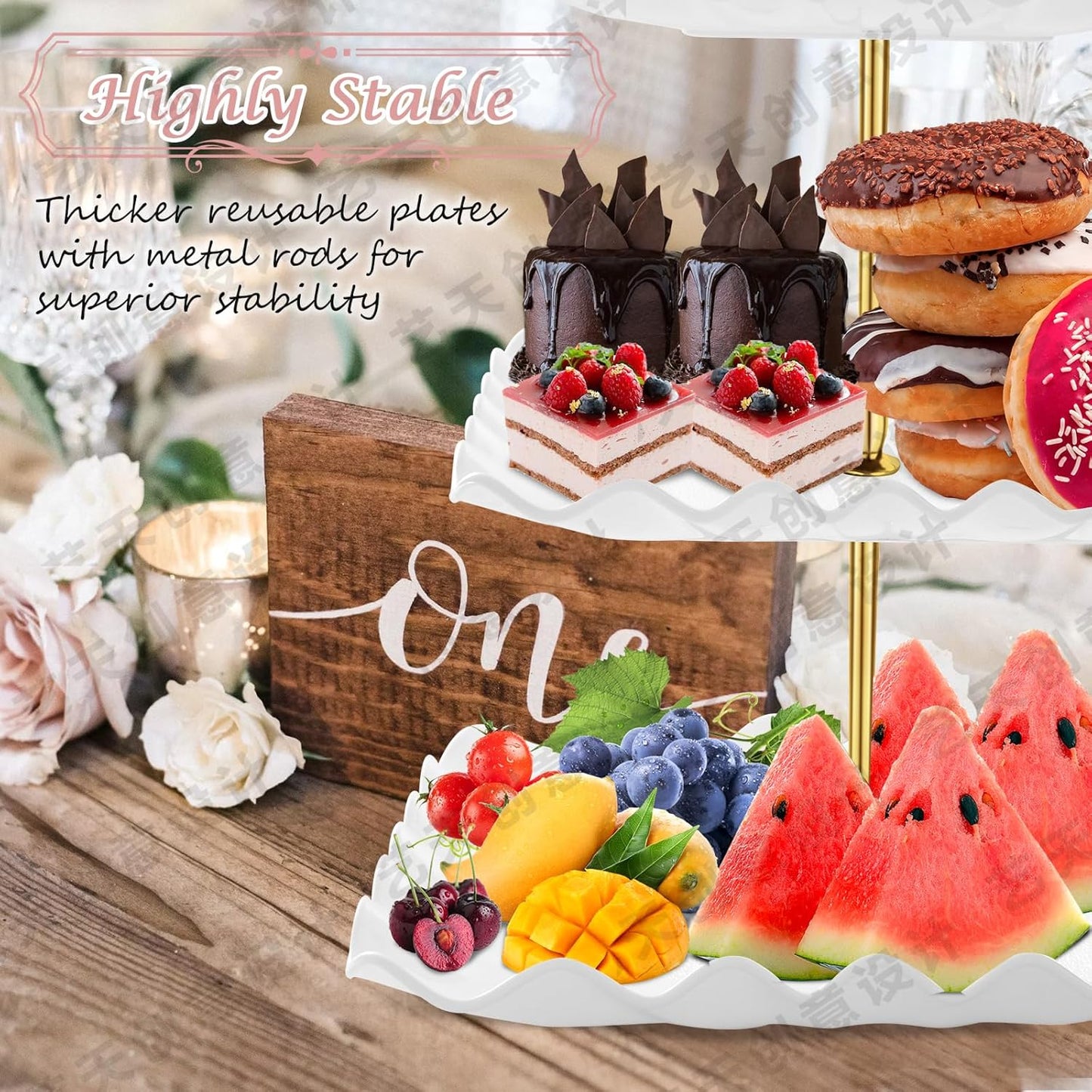 PinCute 5 Pcs Dessert Table Display Set - 2 X Cupcake Stand Holder/Cup Cake Tier Tower & 3 X Serving Tray Combo for Tea Party, Birthday, Baby Shower (Wave Square)