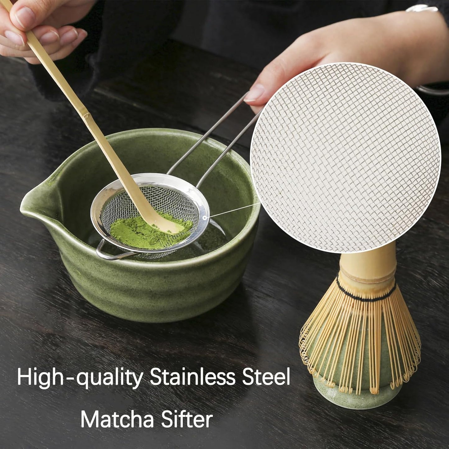 Matcha Whisk Set, Matcha Bowl with Spout, Matcha Whisk and Holder, Bamboo Matcha Scoop and Stainless Sifter - 5 Pcs Jade Green Matcha Kit for Matcha Lover