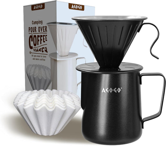 AGOGO Camping Pour Over Coffeemaker Set with Paper Filter Stainless Steel (Black, 600ml)