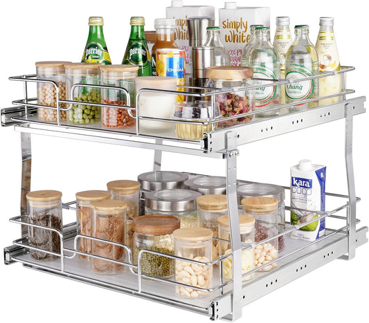 VEVOR 20"Wx21"D Pull Out Cabinet Organizer, 20"Wx21"D 2 Tier Heavy Duty Slide Out Pantry Shelves, Chrome-Plated Steel Roll Out Drawers, Sliding Drawer Storage, 21.5"Wx22"D Install Size for Cabinet