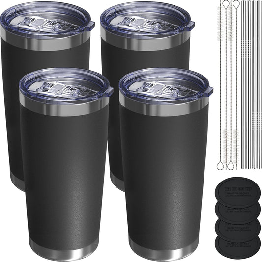 Travel Coffee Tumbler 20oz, 4 Pack Leakproof Travel Coffee Mug with Lid and Straw, Stainless Steel Double Wall Vacuum Insulated Tumbler for Hot/Iced Drinks (Textured Matte, Black)