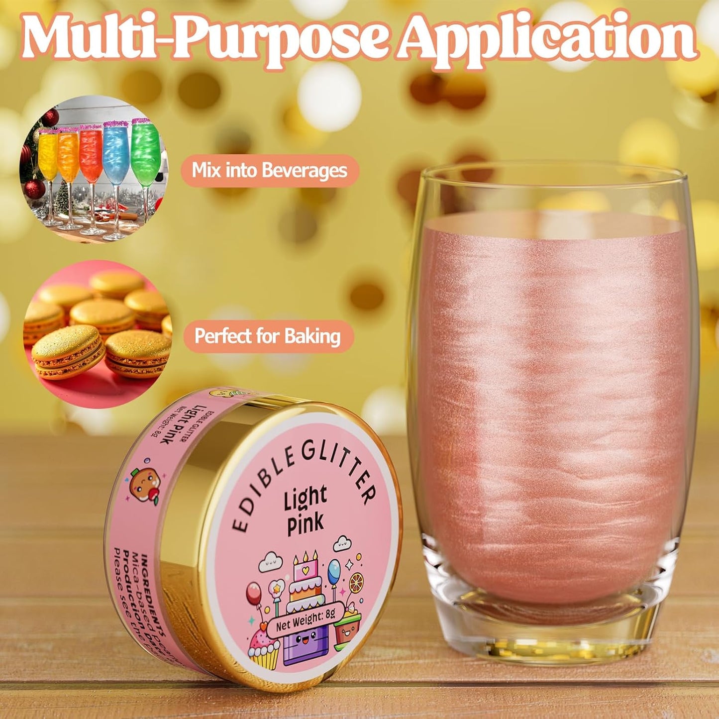 Nomeca Edible Glitter for Drinks Cakes, 8 grams Food Grade Luster Dust Sprinkles Glitter for Cake Decorations, DIY Cocktails, Beverages & Cake Decorating, Dessert Cake Topper (4-Light Pink)