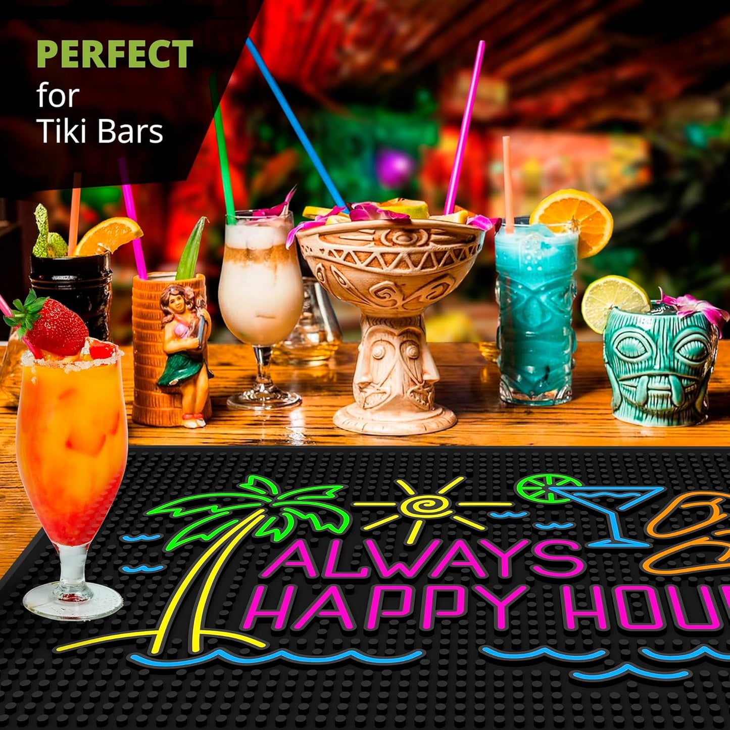 Premium Quality Always Happy Hour Bar Mat, Tiki Bar Mat for Bartending 18x12, Outdoor Tiki Bar Decor, Durable Bar Mats for Countertop, Drying Mat for Home Bar, Perfect Home Bar Accessories Xmas Gift