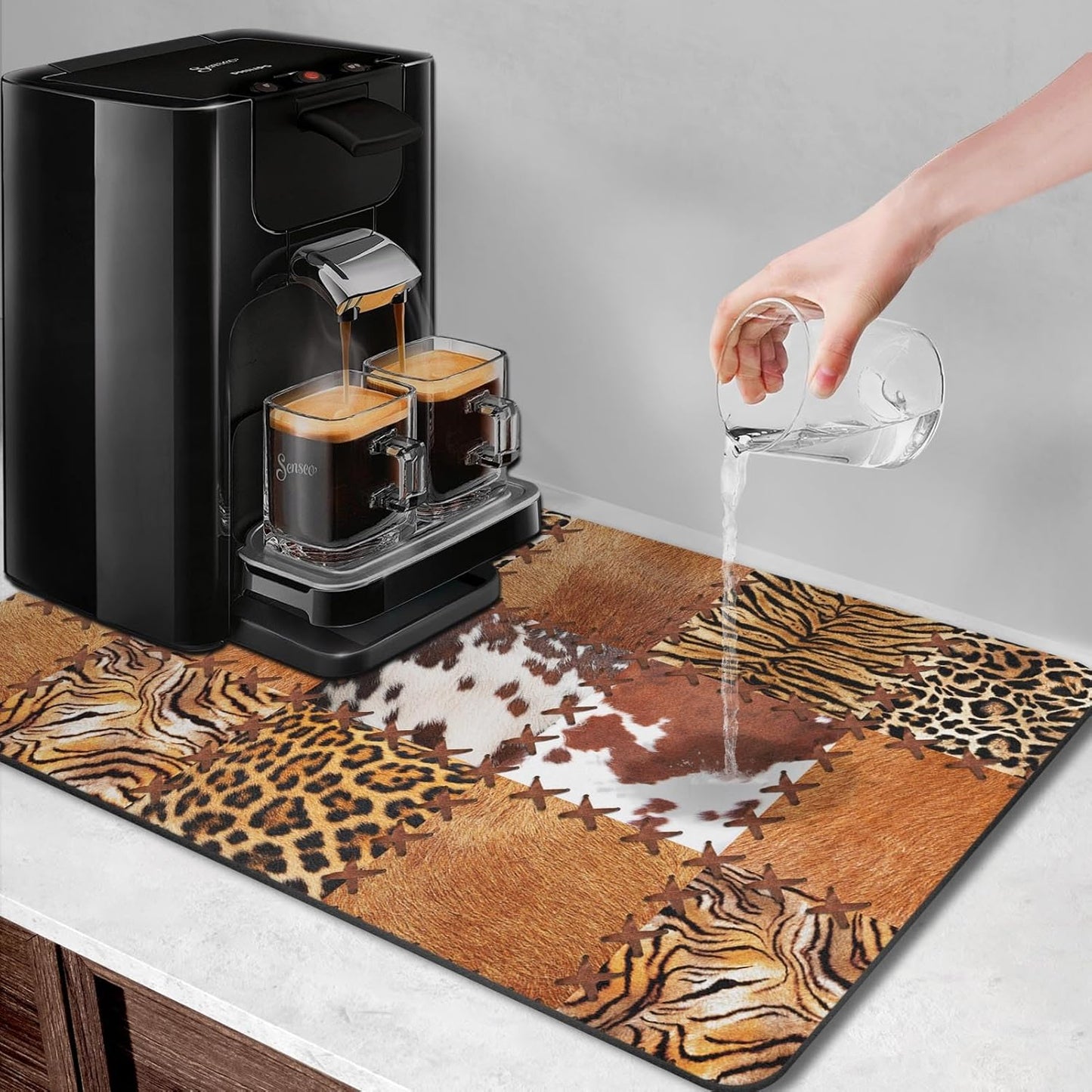 Arttown Coffee Mat for Countertops, Cow Tiger Leopard Patchwork Tribal Art Dish Drying Mat 2 Pcs for Kitchen Bar Accessories, Coffee Maker Espresso Machine Dish Rack Hide Stain Rubber 12x19in