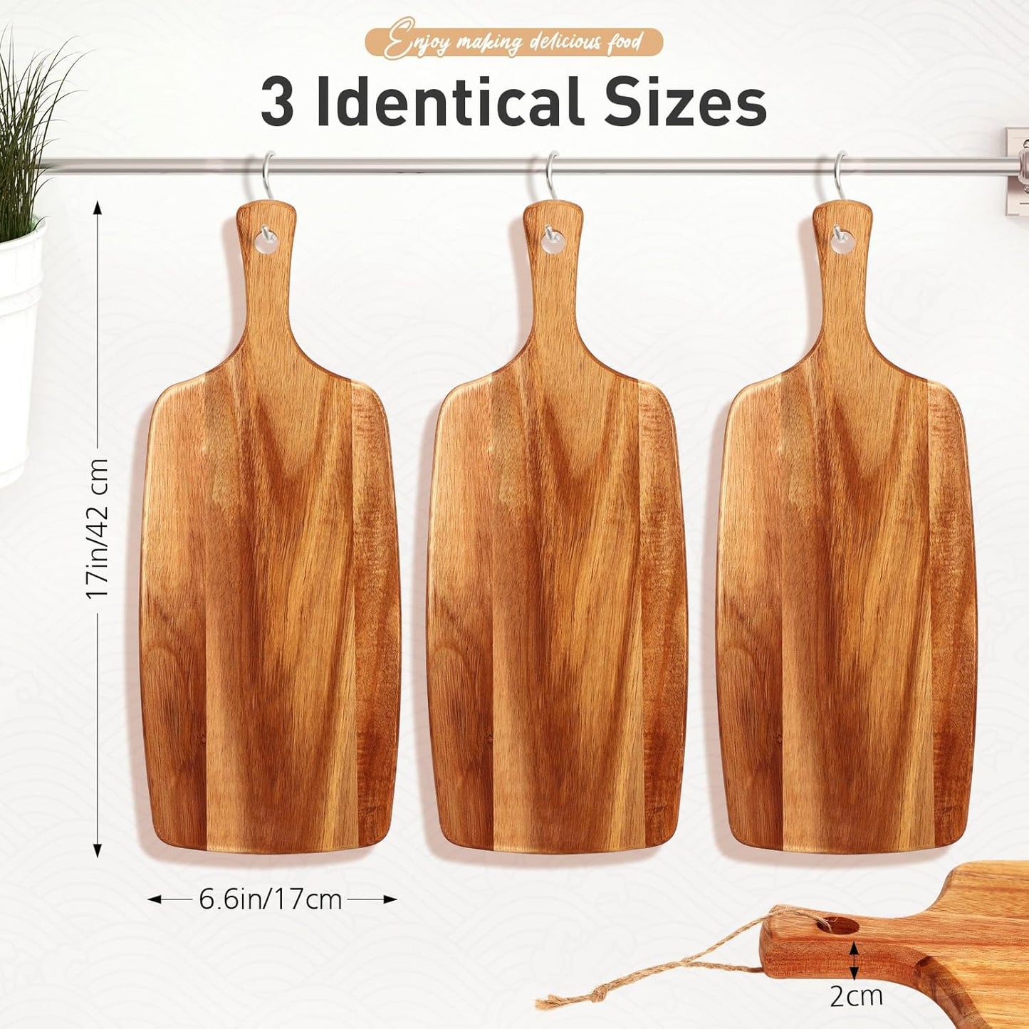 Kathfly 3 Pcs Acacia Wood Cutting Board with Handle Wooden Laser Kitchen Serving Charcuterie Board for Vegetables Meat Pizza Cheese Fruit Bread(17 x 7 Inch)