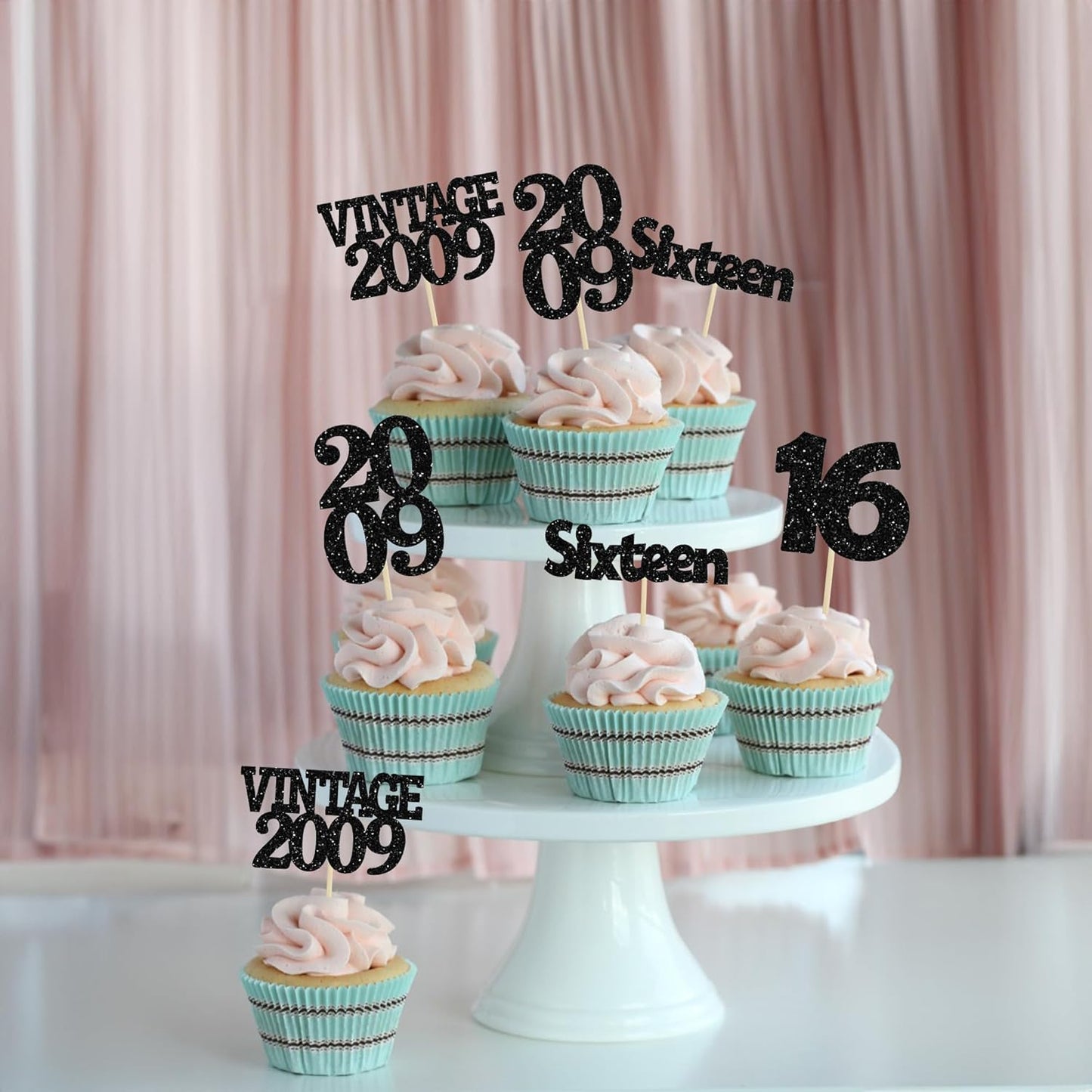 Gyufise 24Pcs 16th Birthday Cupcake Toppers Glitter Sixteen Vintage 2009 Sweet 16 Cupcake Picks Hello 16 Years Birthday Cake Decorations for Happy 16th Birthday Anniversary Party Supplies Black