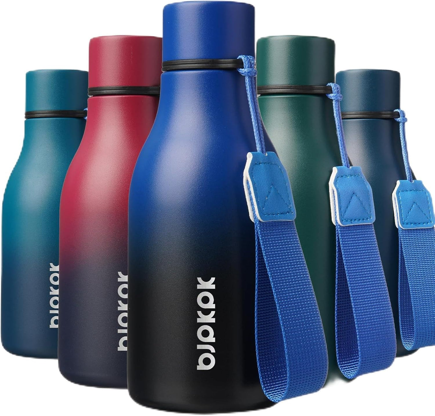 BJPKPK Insulated Water Bottles, 12oz Stainless Steel Metal Water Bottle with Strap, BPA Free Leak Proof Thermos, Mugs, Flasks, Reusable Water Bottle for Sports & Travel, Blue Black