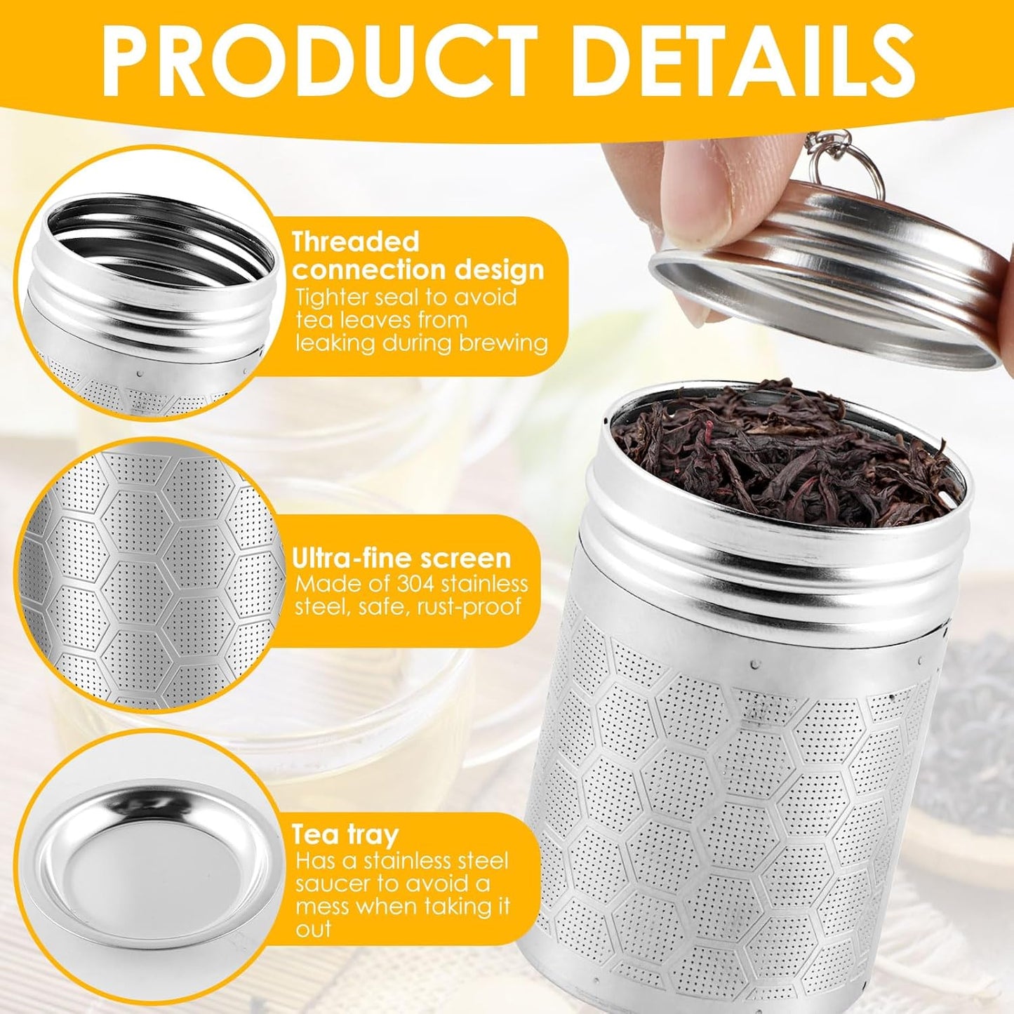Tea Infuser Strainers with Drip Tray 304 Stainless Steel Tea Filter Strainer with Chain Hook Fine Mesh Tea Infuser Steeper Reusable Tea Strainers Easy to Use for Loose Tea Mulling Spices (Silver 4PCS)