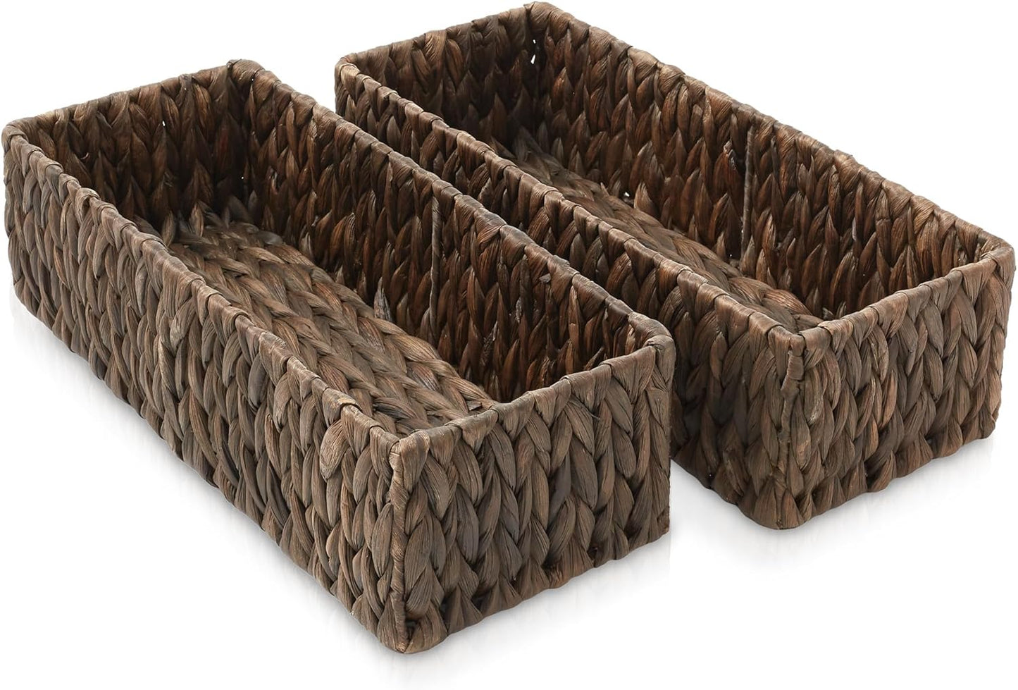 Casafield Set of 2 Bathroom Storage Baskets, Espresso - Water Hyacinth, 16" W x 6.75" D x 4.25" H, Woven Toilet Tank Topper Bins for Organizing Tissues, Toilet Paper, Toiletries, Shelves