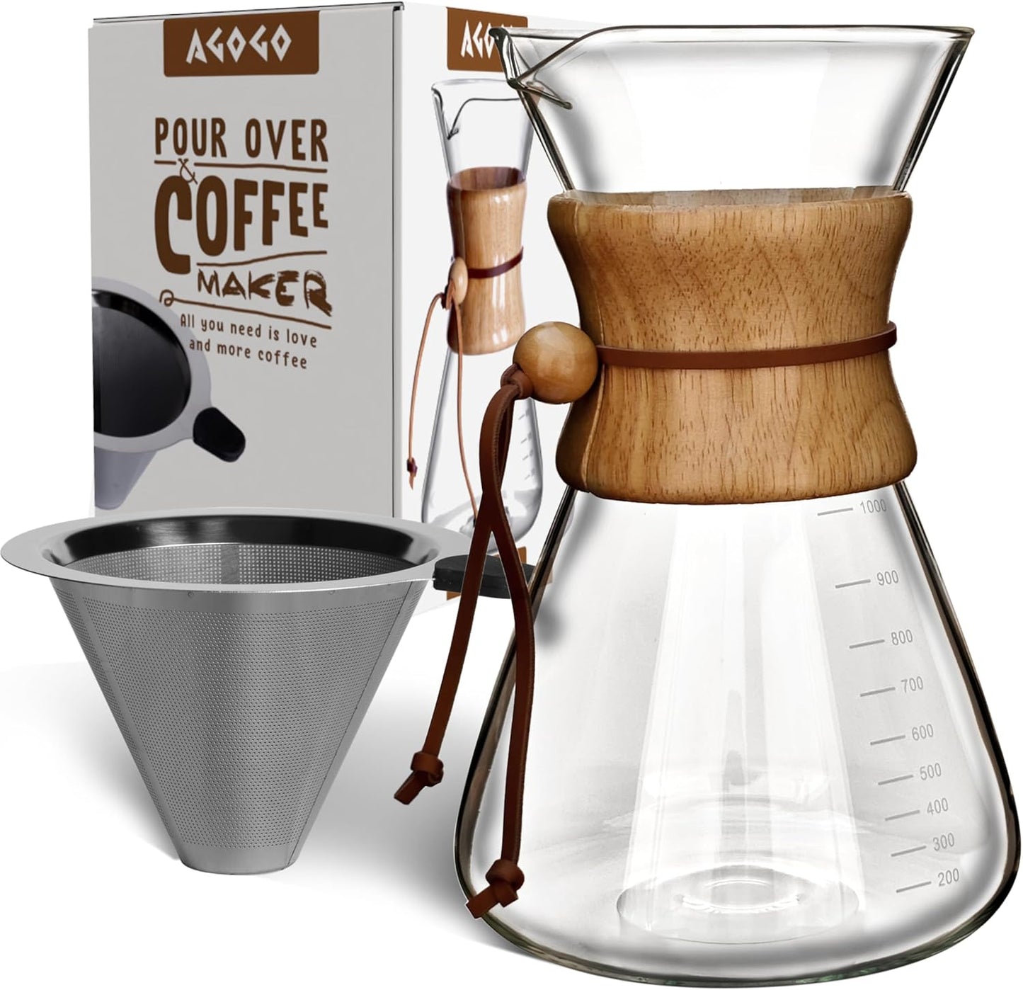 AGOGO Pour Over Coffee Maker Glass - 6/8/10 Cup Barista Kit with 304 Stainless Filter for Home, Office, Camping, Cafes - Easy Clean Coffee Dripper Set (Rag&Brush Included) (10 Cup/34 oz-Slim Shape)
