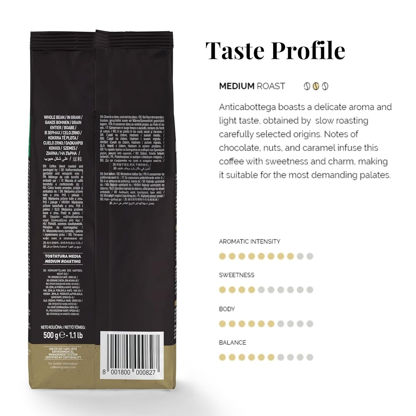 Caffe Vergnano 1882 Antica Bottega Whole Bean Arabica Medium Roast Espresso, 1.1 lbs Bag - Italian Coffee Beans with notes of Chocolate, Nuts & Caramel, Intensity 5/10-500g Bag (6 Pack)