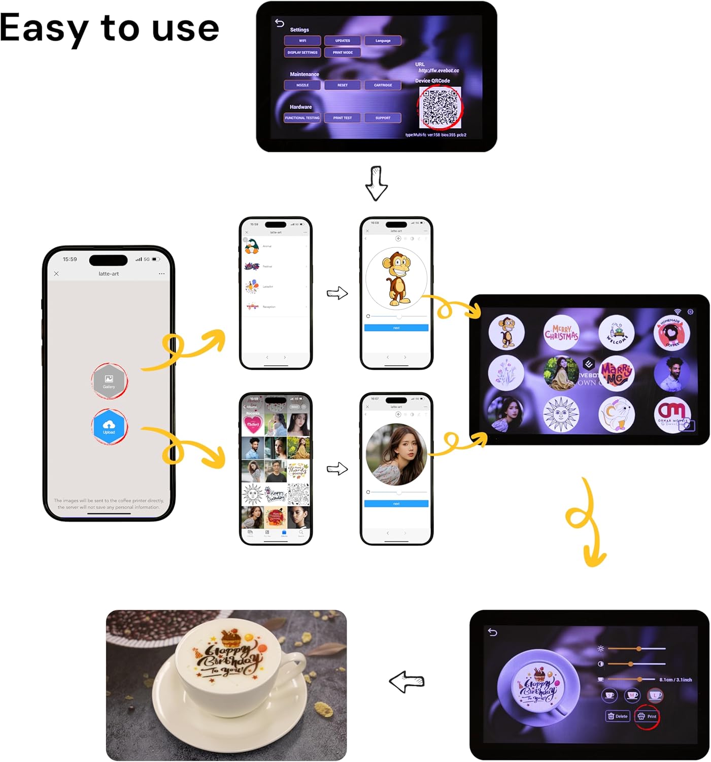 Coffee Latte Art Machine EB-FC1 Food-Grade Coffee Printer with Camera Customized Multi-Color Selfie Photo Printing DIY Cake Personalized Decoration for Cafes Museums, Color FancyBox - Black