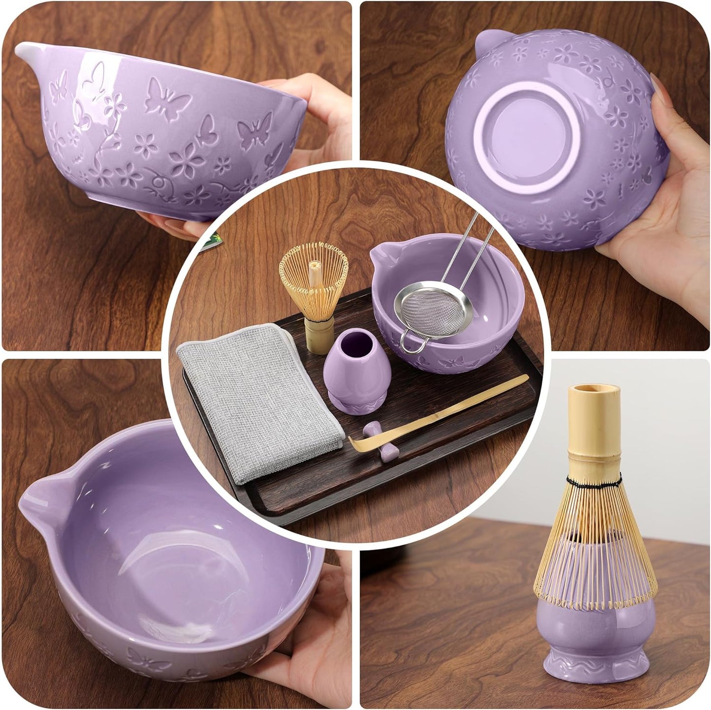 Matcha Whisk Ceramic Matcha Whisk Set Bamboo Whisk, Bowl With Spout, Powder Starter Sifter, Ceramic Whisk Holder, Tea Towel, Scoop and Scoop Rest for Matcha Tea Ceremony Purple