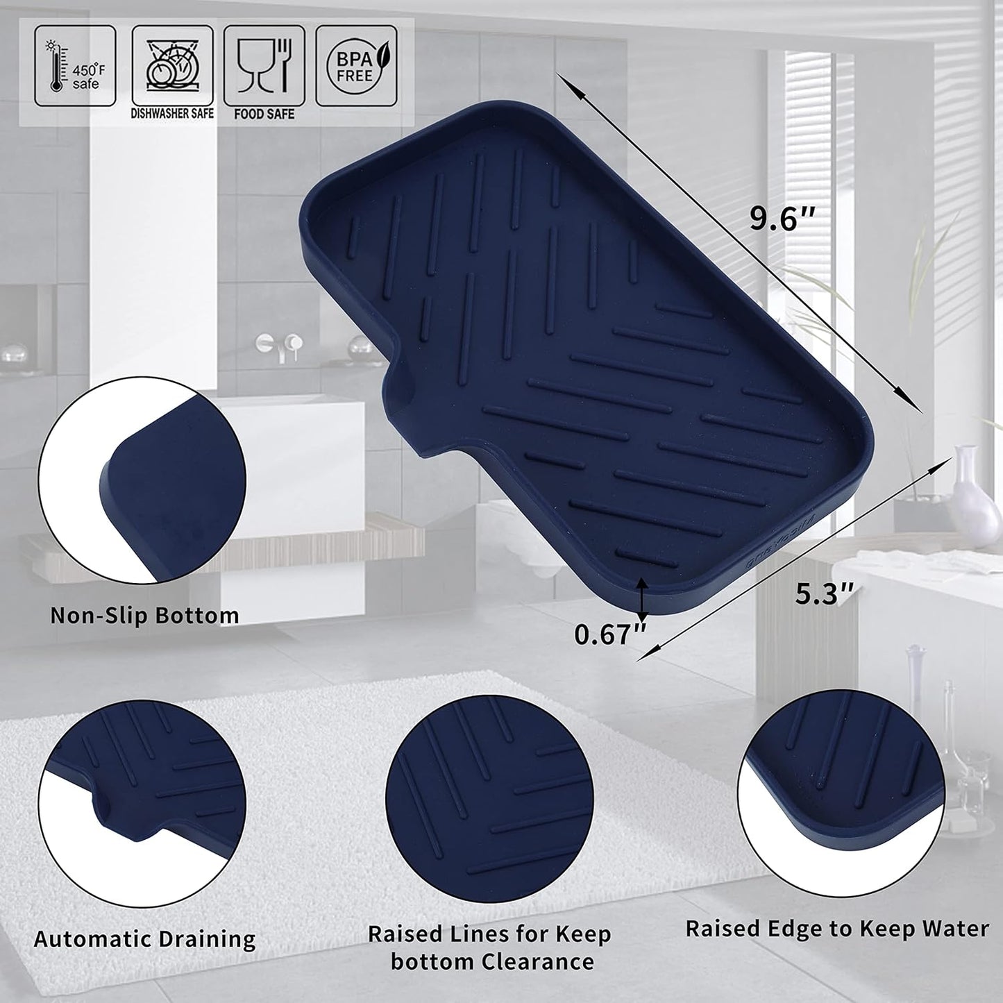 Silicone Bathroom Soap Dishes with Drain Spout-Kitchen Sink Organizer,Sponge Holder,Dish Soap Tray,Perfect for Dispenser,Scrubber,Bottle,Cup on Sink or Counter-Navy Blue 9.6"×5.3"
