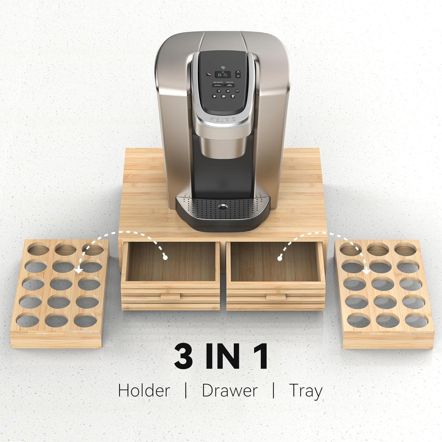 Bamboo K-Cup Pods Holder Organizer - 60 Pod Capacity with 2 Sliding Drawers & 2 Coffee Pod Holder Inserts, Elegant Tea Bag Storage Box for Home, Office & Kitchen Countertop (39.4"x8.2"x8.2")