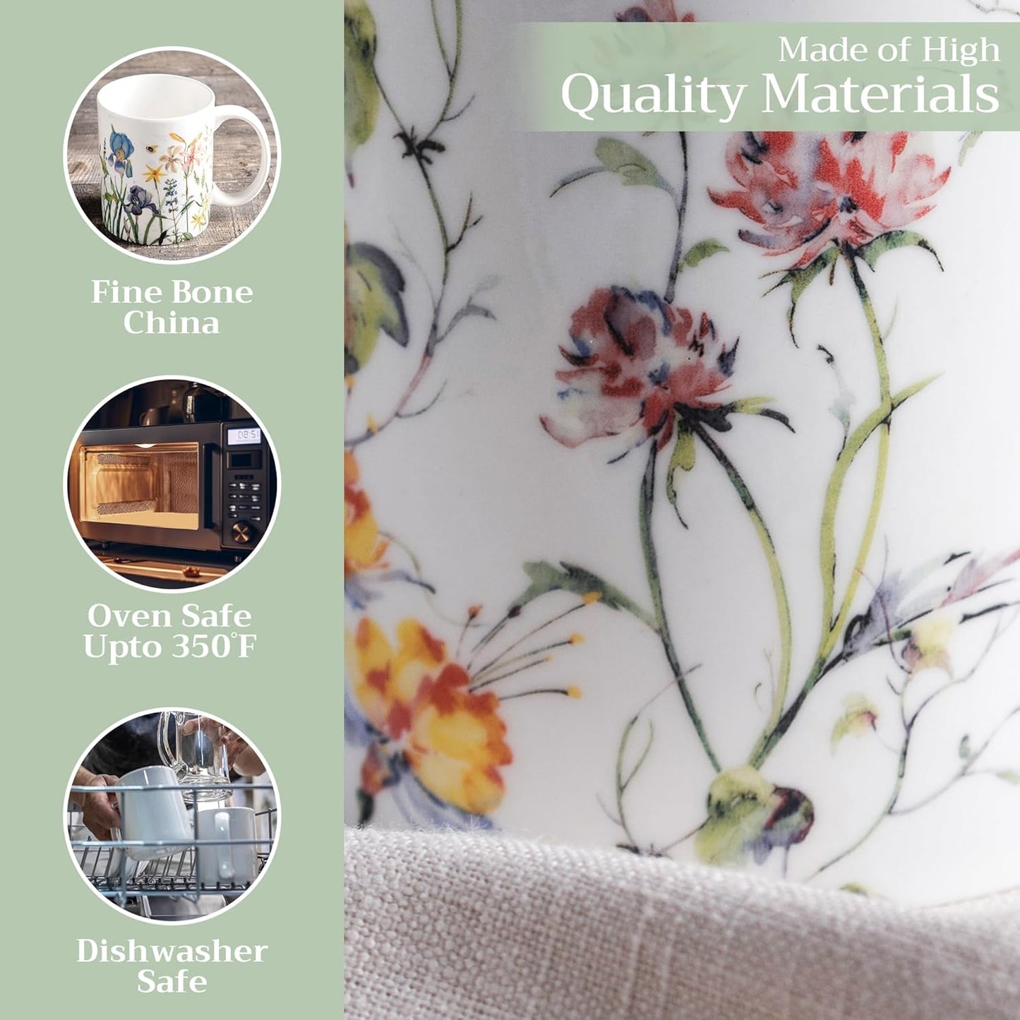 Maison d' Hermine Coffee Mug with Handles Fine Bone China Mugs Pack of One Tea Cups for Hot Beverages Cappuccino Latte Home Restaurant Office Perfect for Gift (Summer Floral - Cornflower, 12 Ounce)