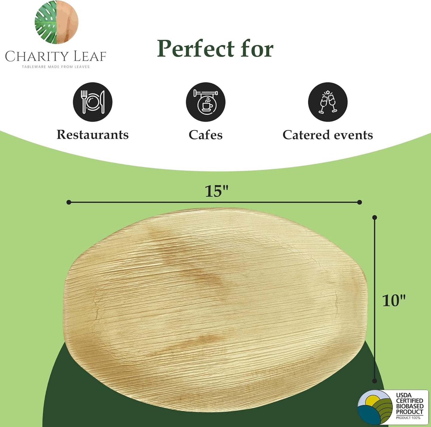 Charity Leaf Disposable Palm Leaf 15" x 10" Trays (100 pieces) Bamboo Like Serving Platters, Disposable Boards, Eco-Friendly Dinnerware For Weddings, Catering, Events