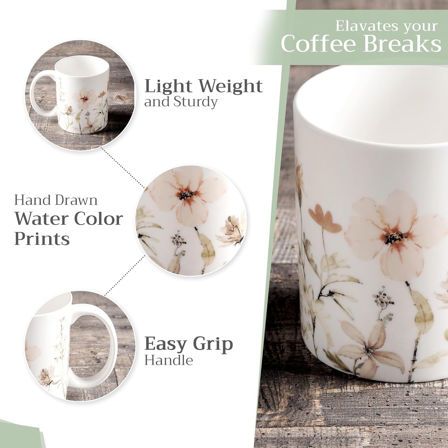 Maison d' Hermine Coffee Mug with Handles Fine Bone China Mugs Pack of Two Tea Cups for Hot Beverages Cappuccino Latte Home Restaurant Office Perfect for Gift (Ice Florals, 12 Ounce)